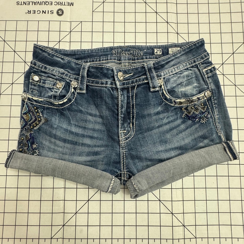 Miss Me Womens Mid Rise Embellished Denim Shorts Blue Size 29 JP7287S